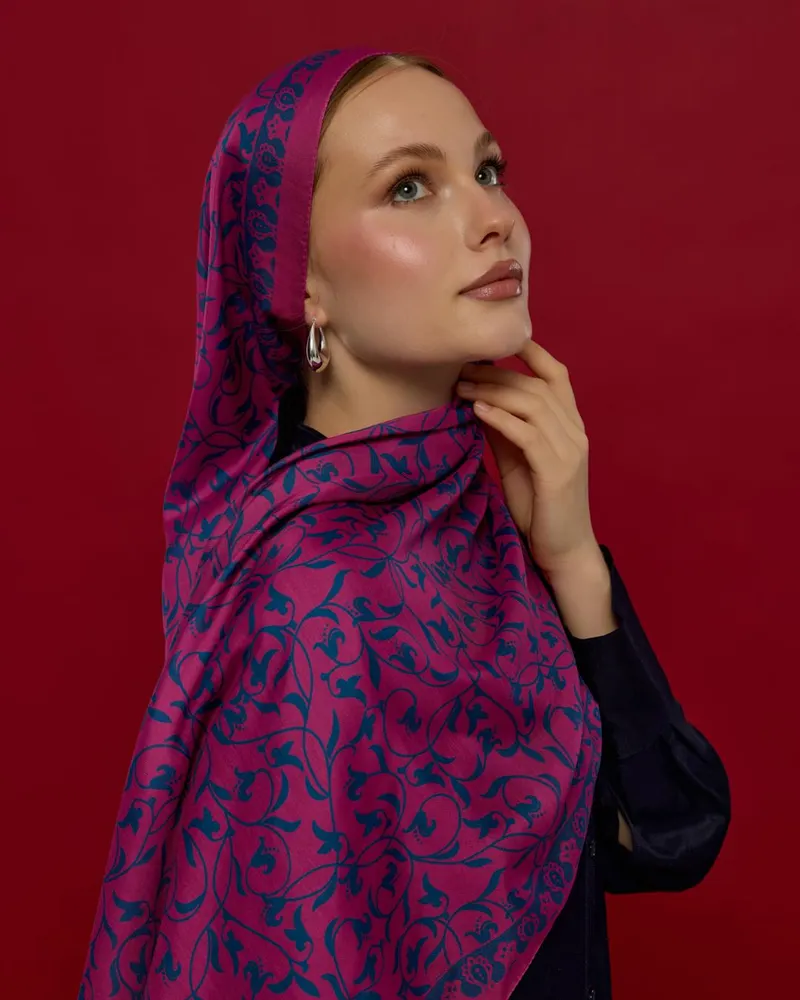 Şakayık Pembesi & Çini Mavisi Lale Bahçesi Desen Şal - 06