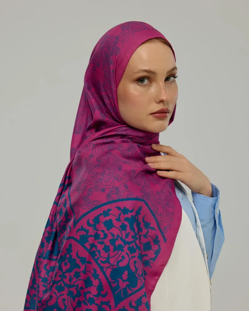 Şakayık Pembesi & Çini Mavisi Saraylı Desen Şal - 06