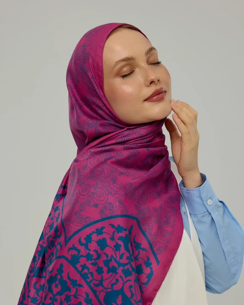 Şakayık Pembesi & Çini Mavisi Saraylı Desen Şal - 06