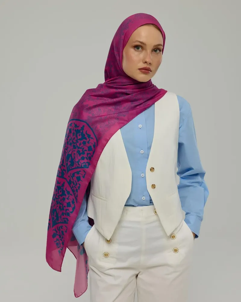 Şakayık Pembesi & Çini Mavisi Saraylı Desen Şal - 06