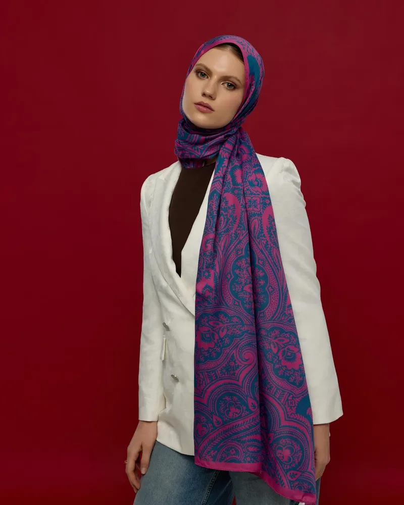 Şakayık Pembesi & Çini Mavisi Sultani Desen Şal - 06