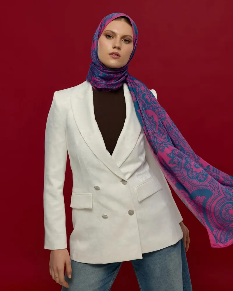 Şakayık Pembesi & Çini Mavisi Sultani Desen Şal - 06