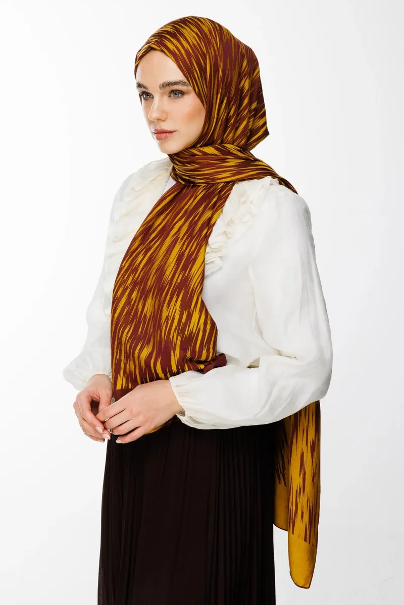 Mürdüm-Sarı Selis Desen Çift Taraflı Şal