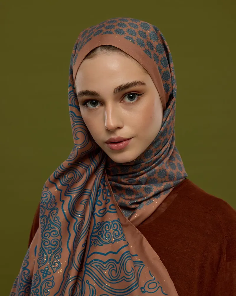 Tarçın Dumanı & Çakıl Mavisi Bala Hatun Desen Şal - 52