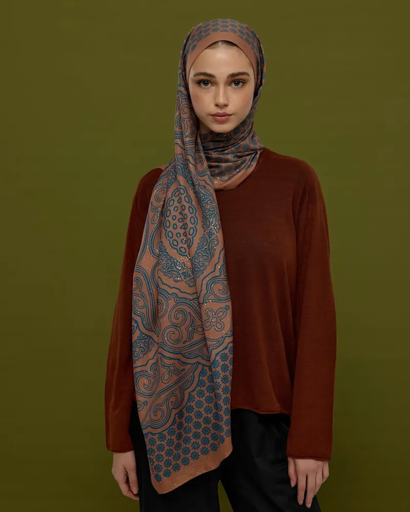 Tarçın Dumanı & Çakıl Mavisi Bala Hatun Desen Şal - 52
