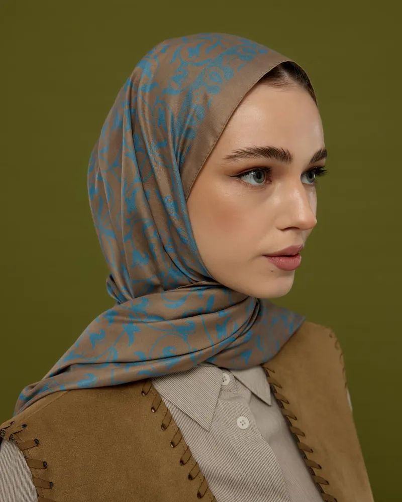 Tarçın Dumanı & Çakıl Mavisi Lale Bahçesi Desen Şal - 52