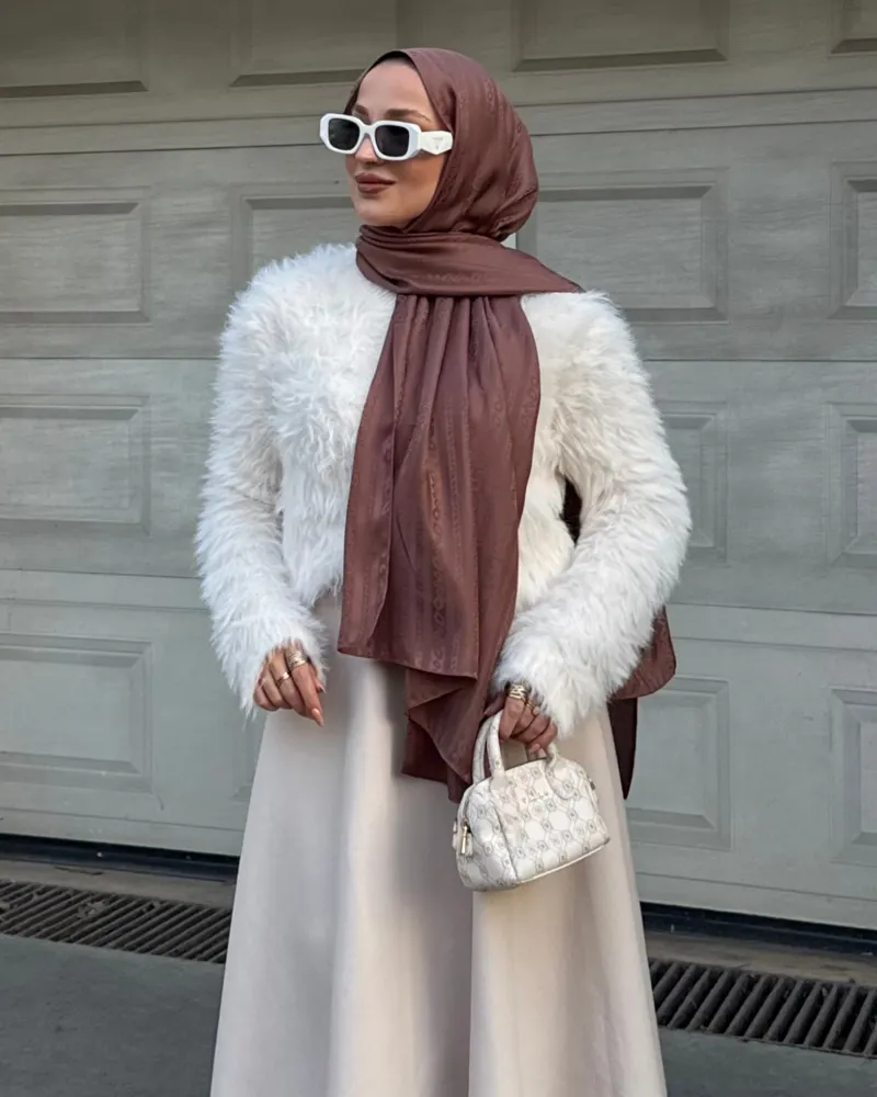 Tozlu Kahve Şerit Desen Jakar Şal