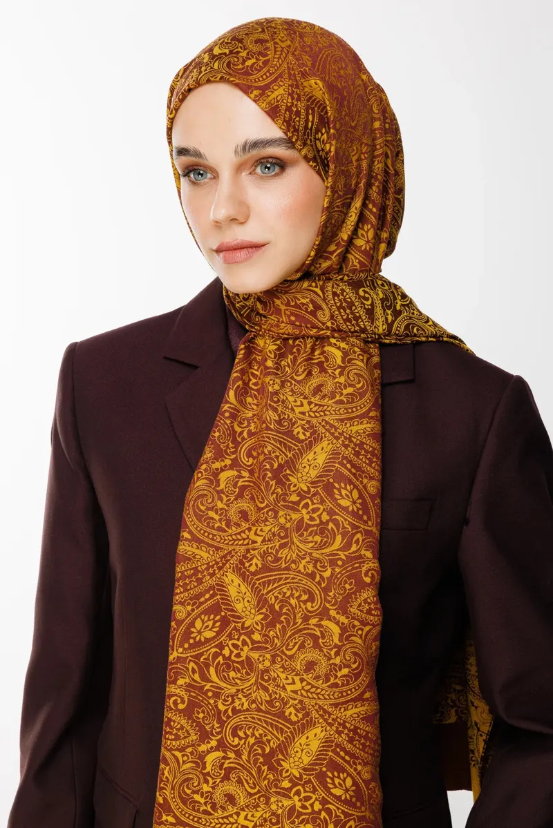Mürdüm-Sarı Velora Desen Çift Taraflı Şal