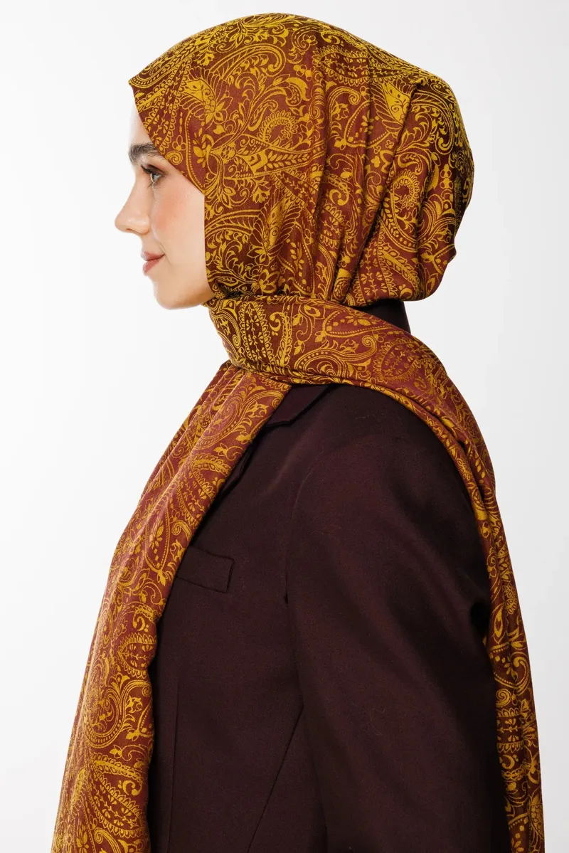 Mürdüm-Sarı Velora Desen Çift Taraflı Şal