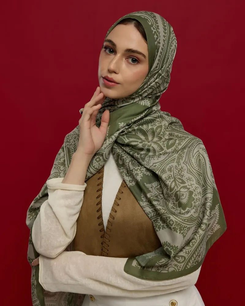 Zeytin Yeşili & Badem Kremi Sultani Desen Şal - 37
