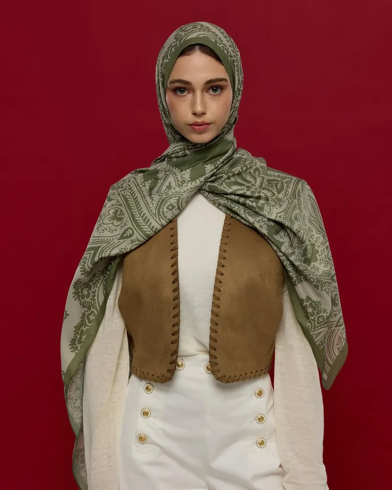 Zeytin Yeşili & Badem Kremi Sultani Desen Şal - 37