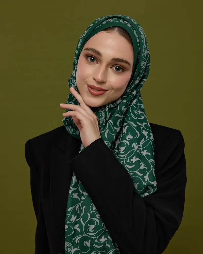 Zümrüt & Krem Lale Bahçesi Desen Şal - 55