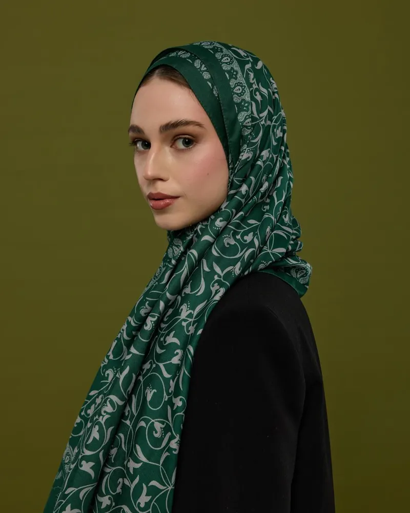 Zümrüt & Krem Lale Bahçesi Desen Şal - 55
