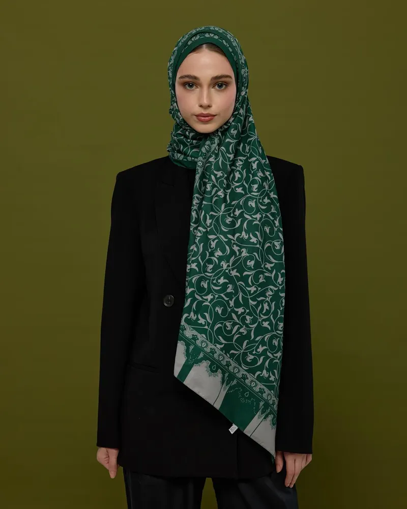 Zümrüt & Krem Lale Bahçesi Desen Şal - 55