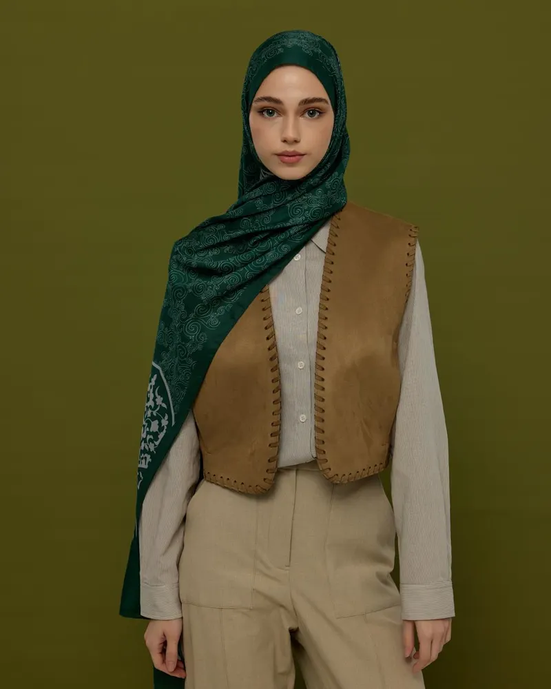Zümrüt & Krem Saraylı Desen Şal - 55
