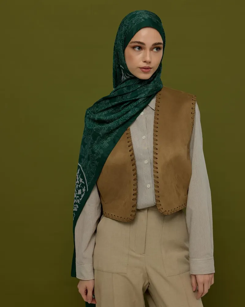 Zümrüt & Krem Saraylı Desen Şal - 55