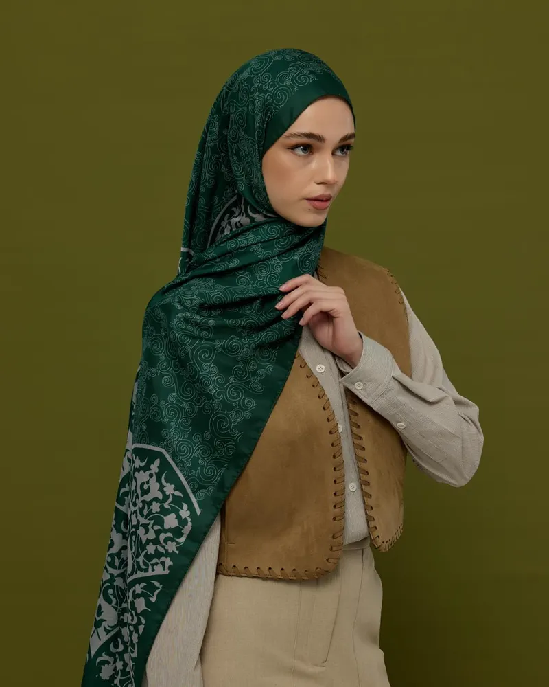 Zümrüt & Krem Saraylı Desen Şal - 55